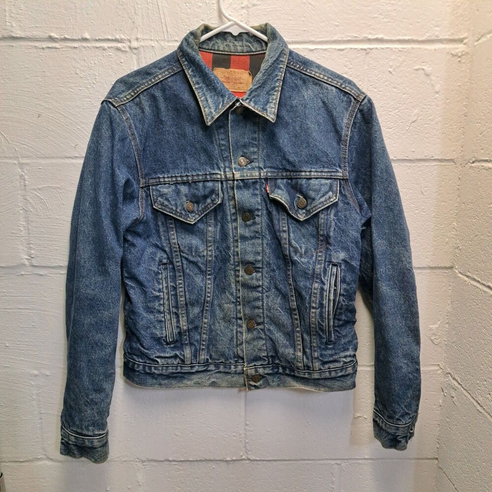 VTG 80s Levi's Denim Trucker Jacket Mens Size 40 Plaid Flannel Lined Made in USA